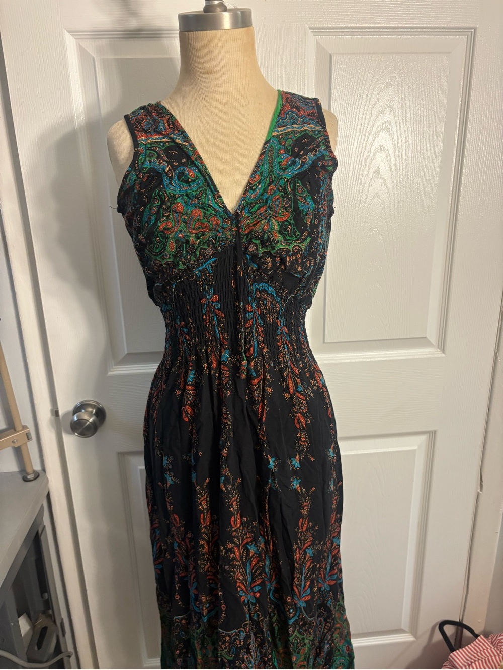 Sleeveless V-Neck Black Paisley Maxi Dress in Green and Teal